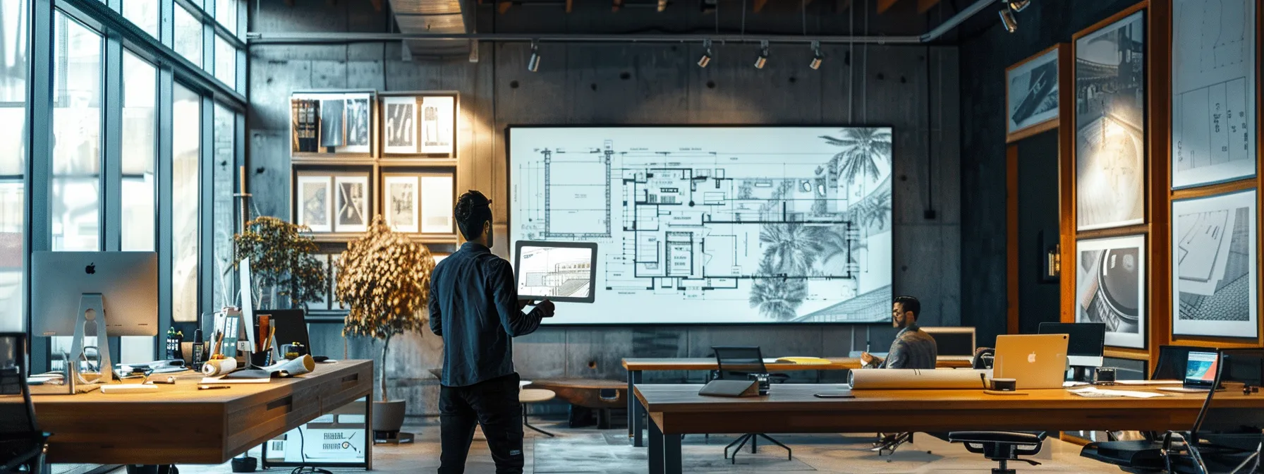 a modern, sleek office space showcases a general contractor presenting a detailed project plan on a large screen, highlighting cost-effective strategies and expert guidance in a collaborative environment filled with blueprints and construction materials. a modern, sleek office space showcases a general contractor presenting a detailed project plan on a large screen, highlighting cost-effective strategies and expert guidance in a collaborative environment filled with blueprints and construction materials.