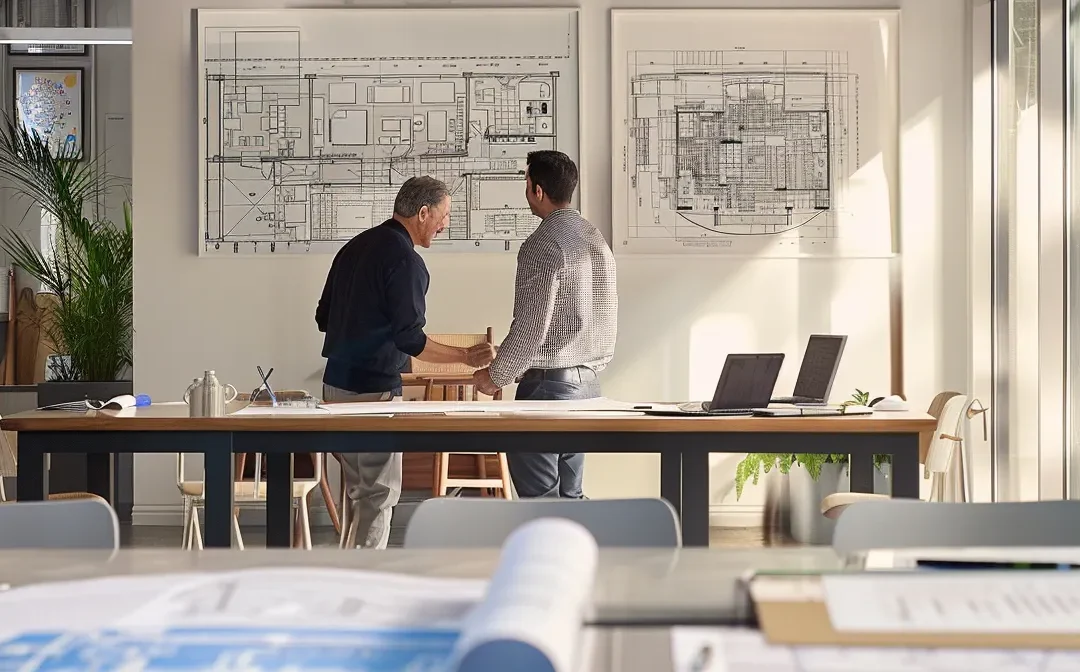 a sleek modern office filled with blueprints and digital tablets showcases a focused general contractor discussing a vibrant remodeling project with clients.