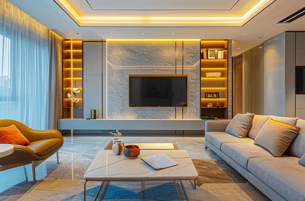 a modern, stylish interior showcasing a sleek living room with custom furniture, innovative design elements, and elegant decor, all illuminated by soft, ambient lighting that highlights the unique home design features.